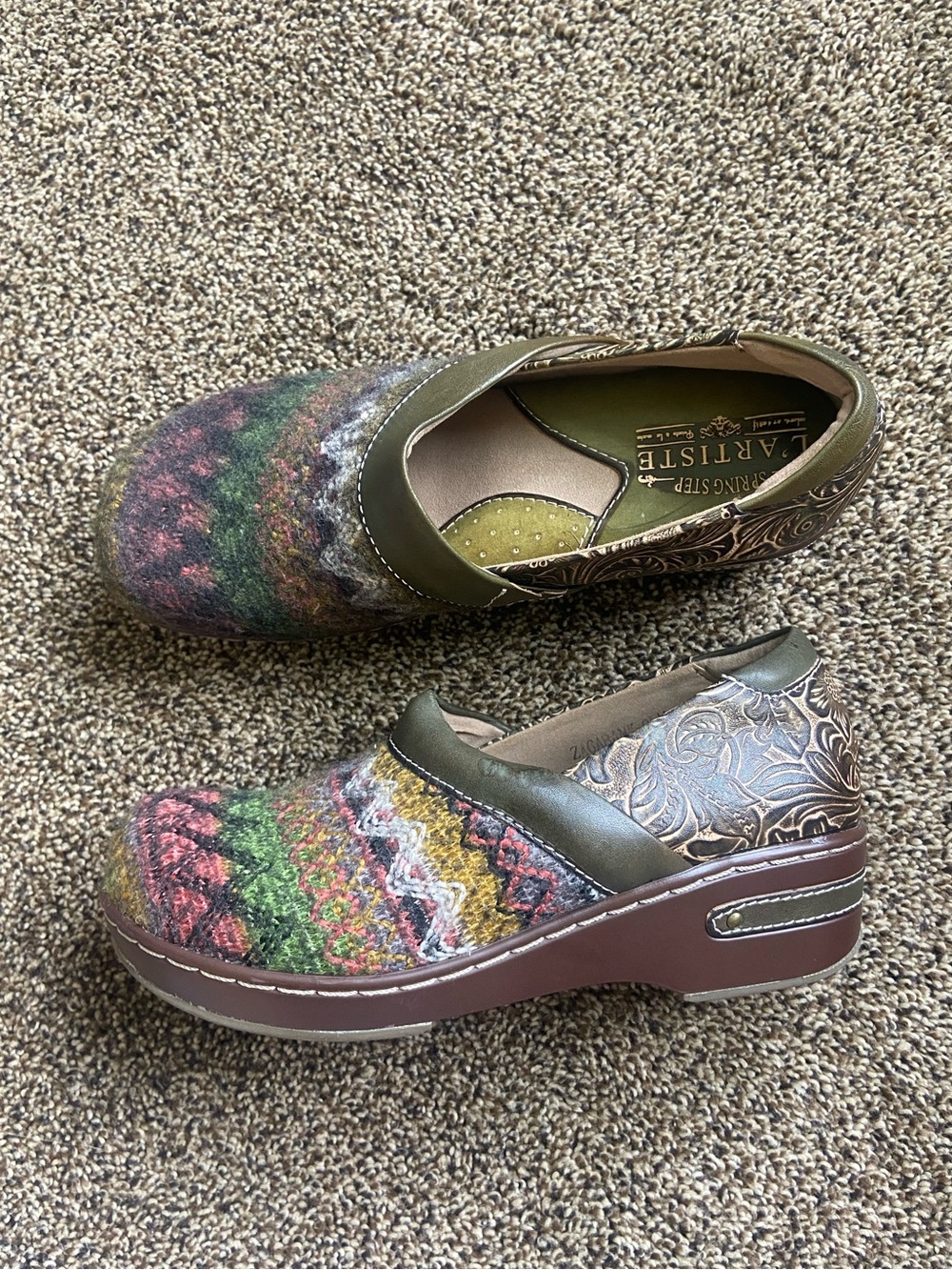 Spring Step L'ARTISTE Zagabank Colorful Woven Embossed Floral Leather Clogs 37